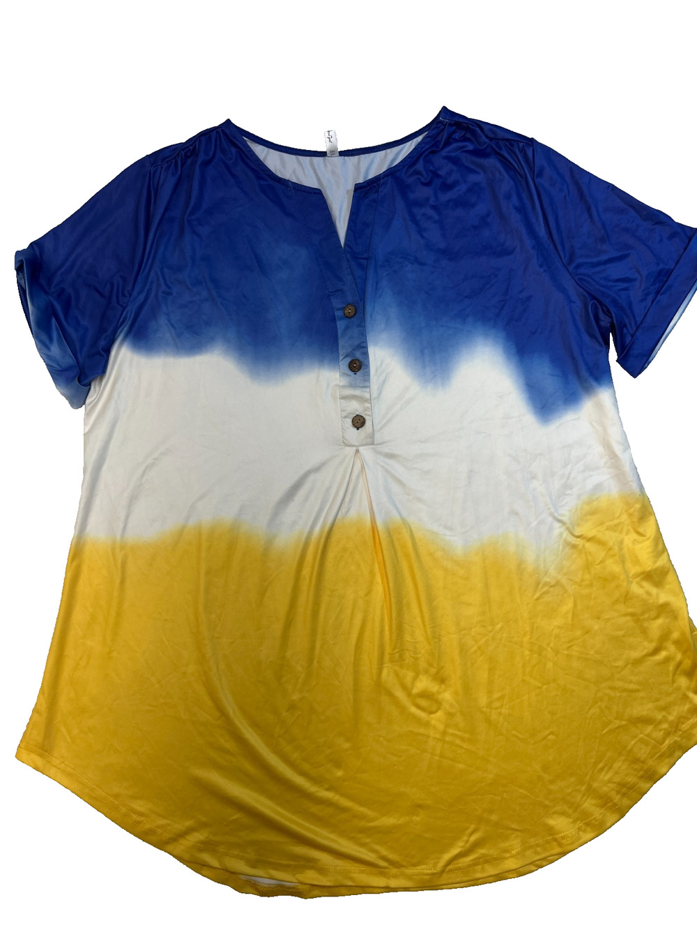 NWT Rosegal Womens Plus Blouse Henley Short Sleeve Blue/White/Yellow, Sz 1X